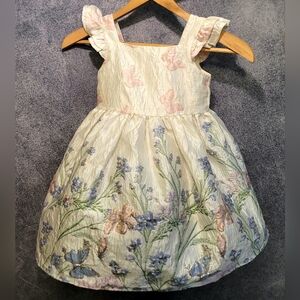 Rare Editions Toddler Girls 3T Silver Brocade Floral Butterfly Lined Puff Dress